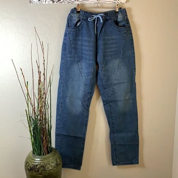 MISSLOOK elastic waist band denim pants diagonal front seam five pockets small - Picture 2 of 9